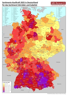 MB-Research Sortiments- und Onlinekaufkraft Fahrräder und Fahrradzubehör 2025 in Deutschland auf Ebene der Städte und Kreise